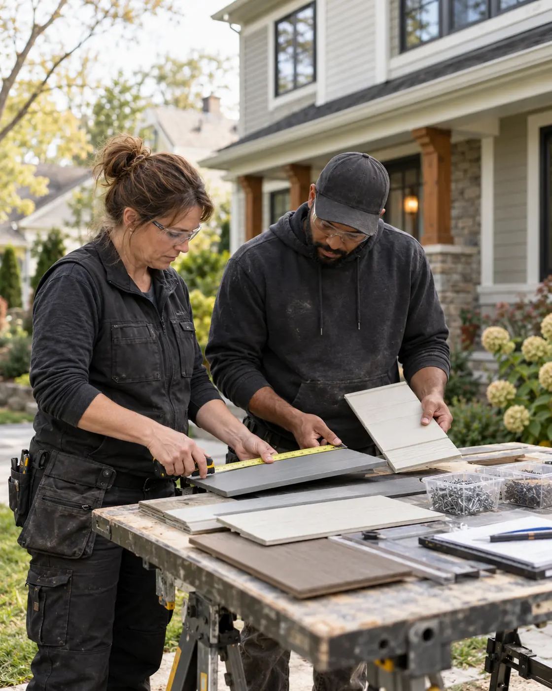 Two exterior professionals measuring and comparing siding samples at a workbench
