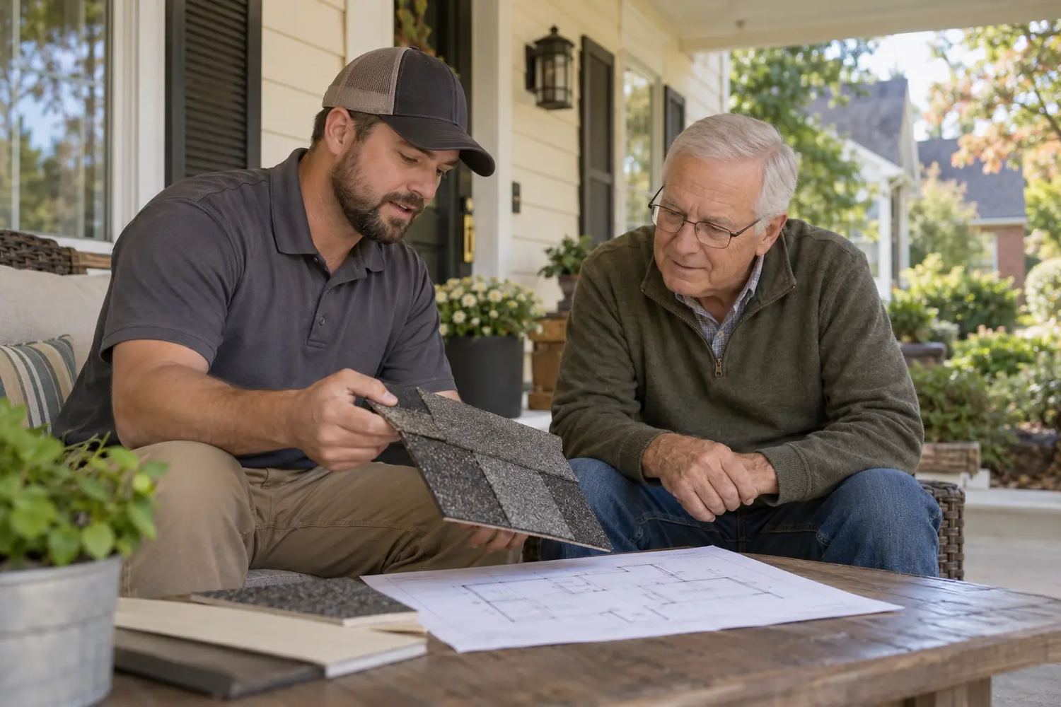 A contractor and an older homeowner sitting together on a porch, looking at a roofing sample and a plan sheet