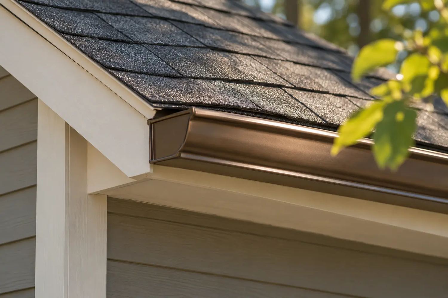 Close detail of charcoal shingles meeting a bronze gutter, cream fascia and gray siding