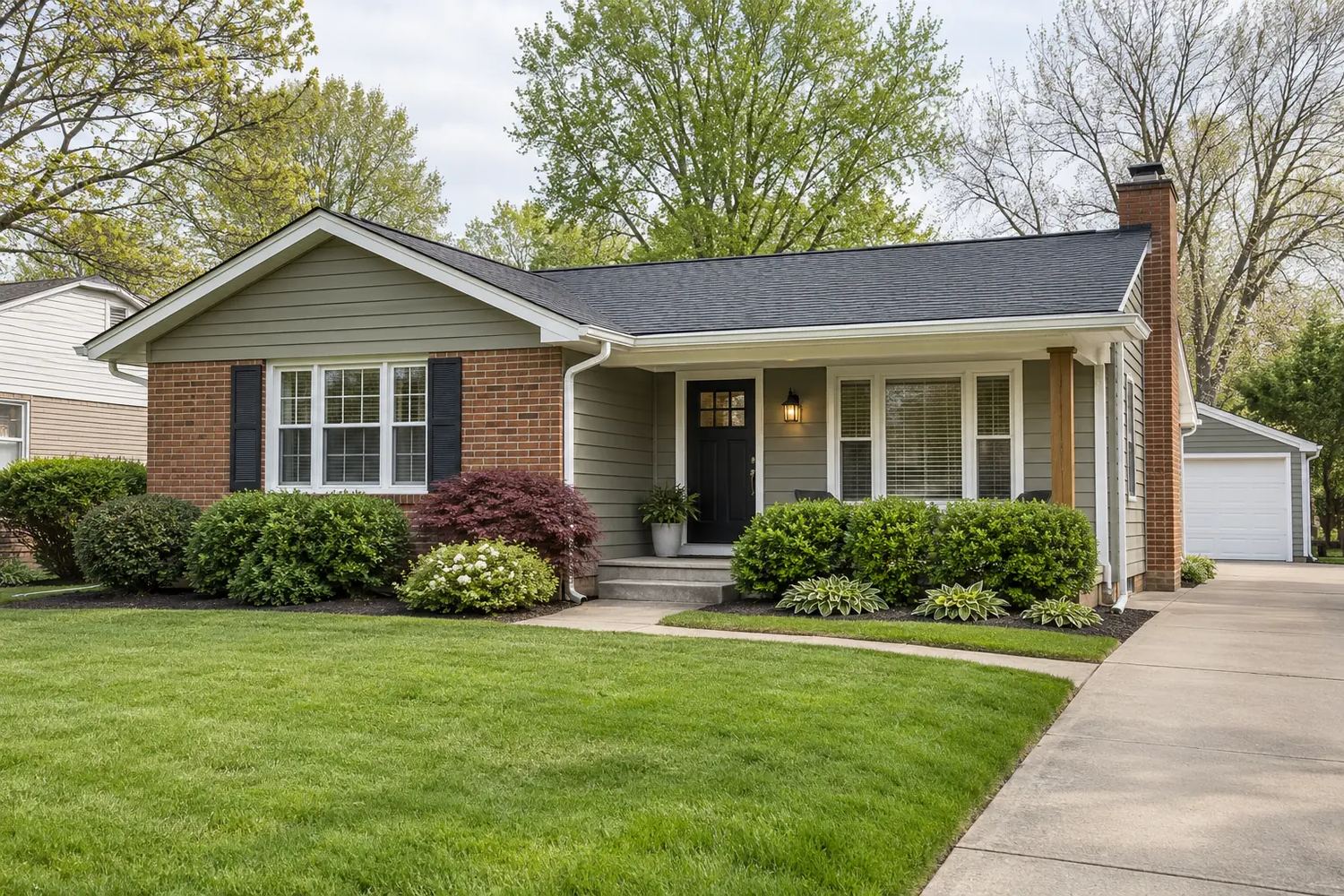 Single-storey ranch home with sage-gray siding, a brick facade section and a dark shingle roof