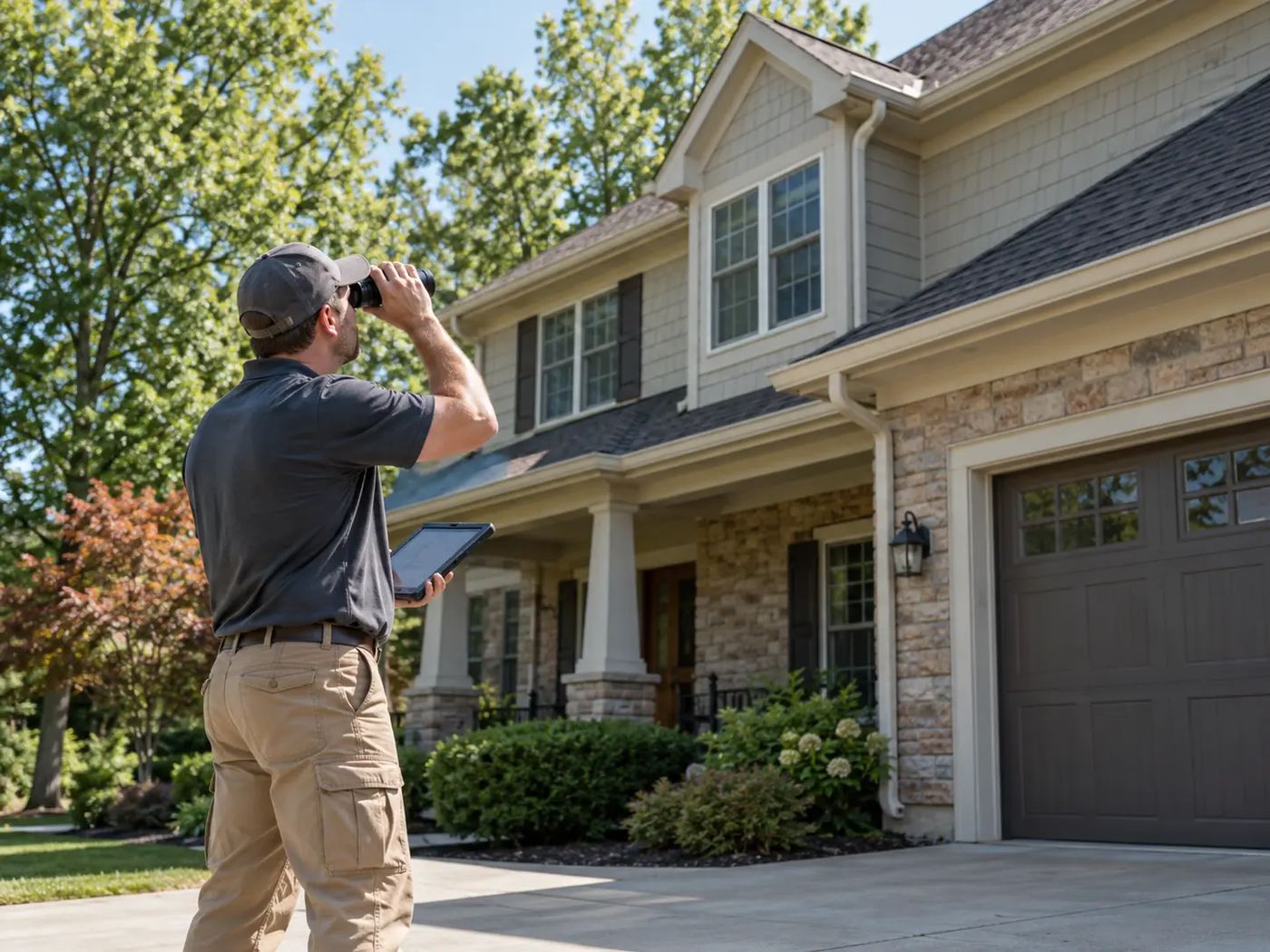 A contractor on a driveway inspecting a roofline with binoculars