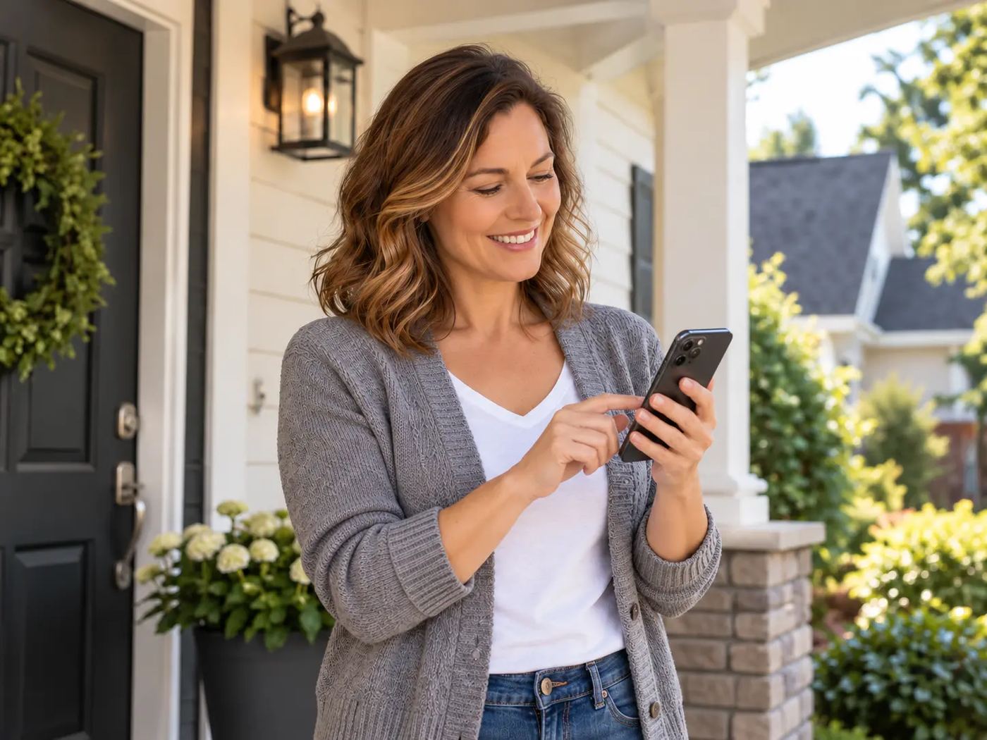 A homeowner smiling on her front porch while using her phone