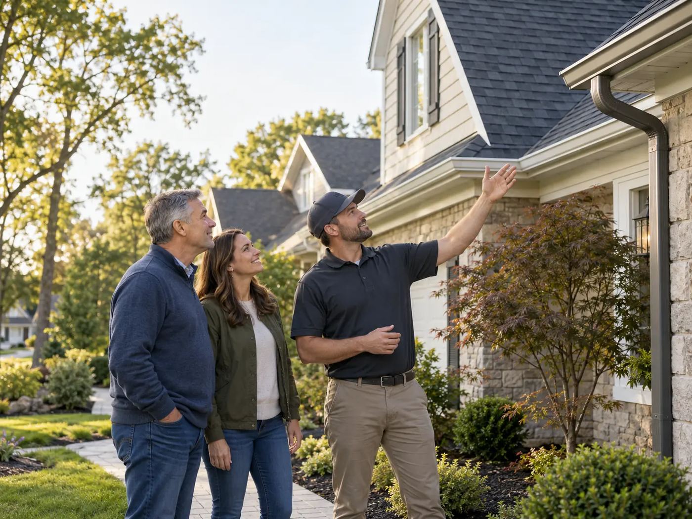 A contractor and two homeowners standing on a walkway, looking up at a finished roofline together