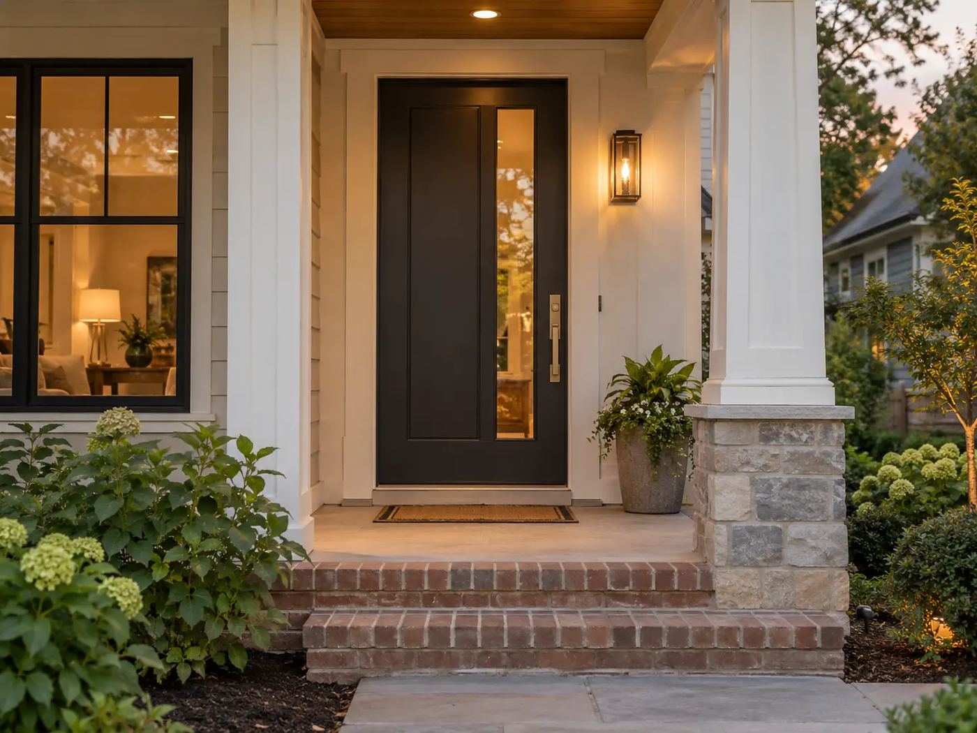 Charcoal front door with a narrow glass panel, bronze hardware and a lit porch lantern