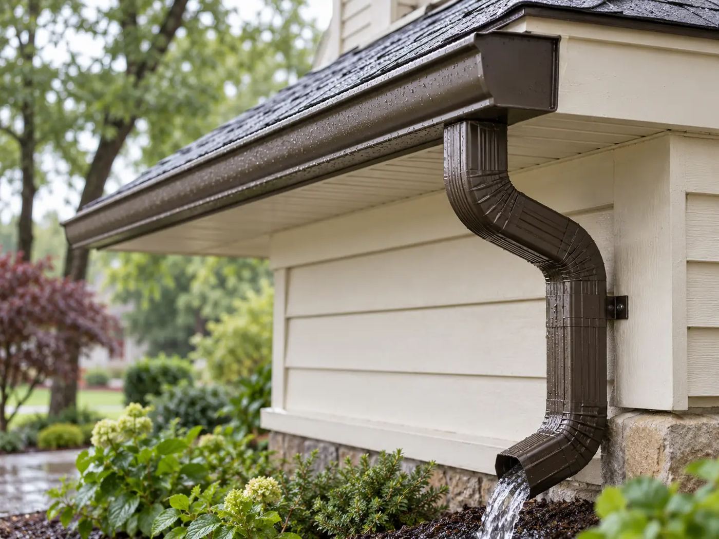 Dark bronze seamless gutter and downspout on a cream-sided house after a light rain