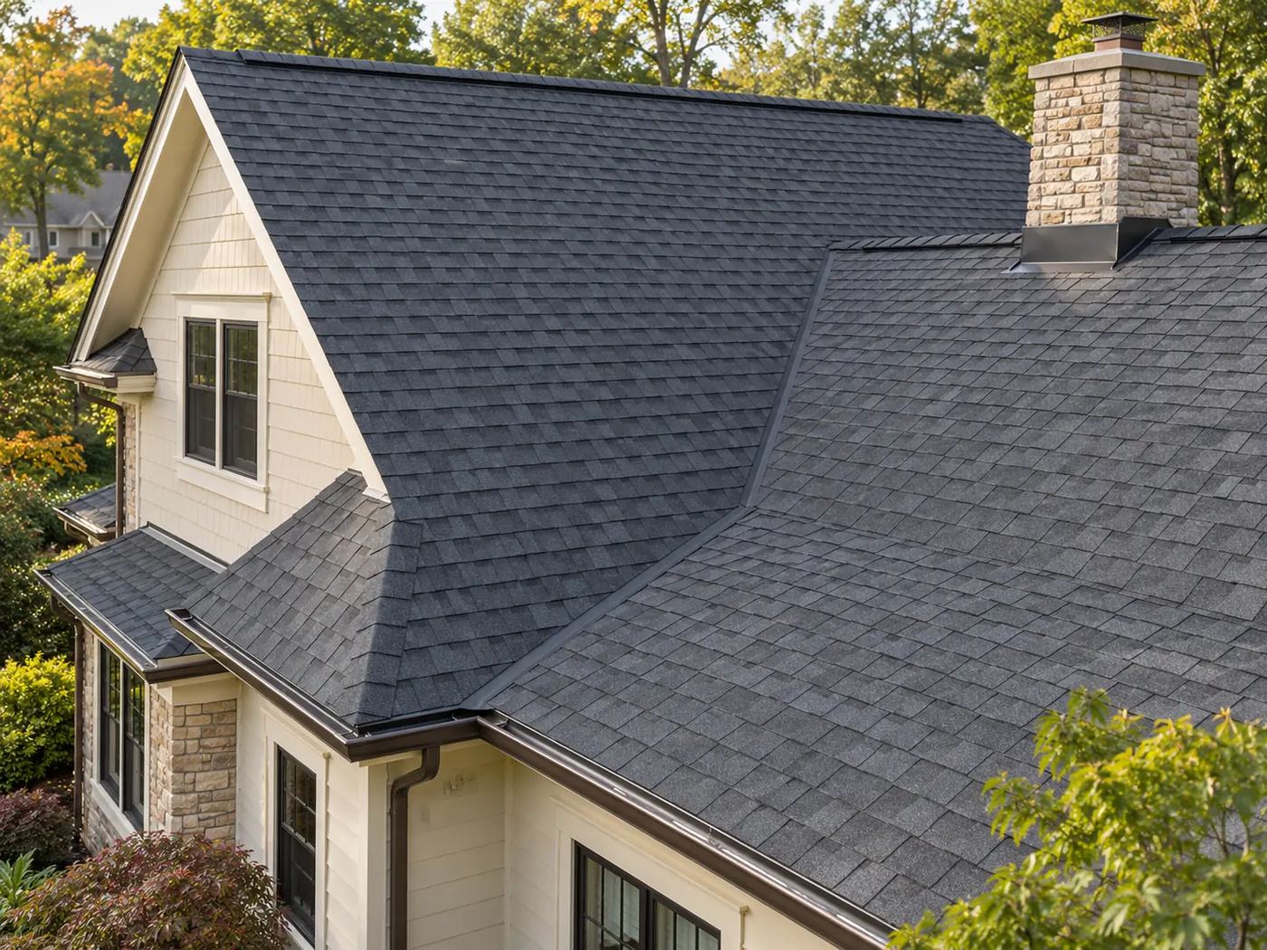 Freshly installed charcoal architectural shingles on a two-storey home, seen from above the eaves