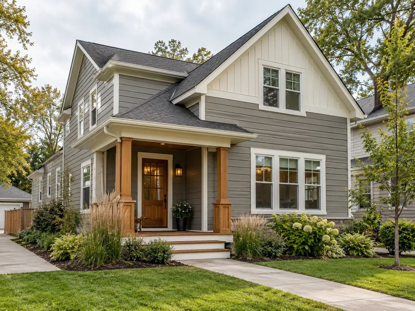 Craftsman-style home with new warm gray lap siding, white trim and a covered porch