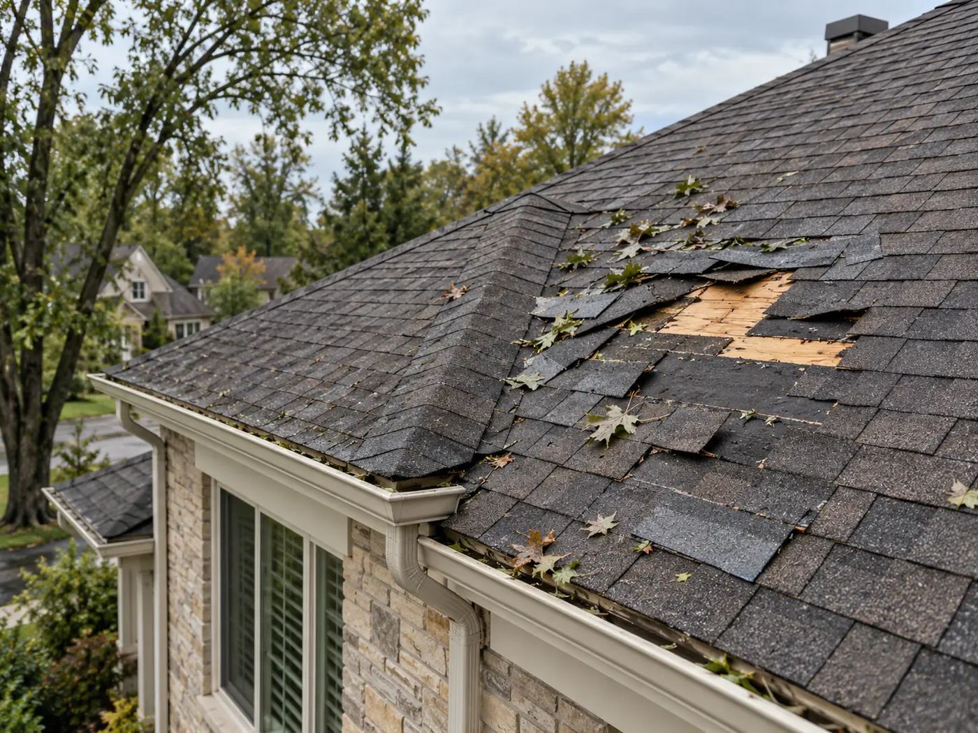 Asphalt shingle roof with a patch of lifted and missing shingles after a windstorm