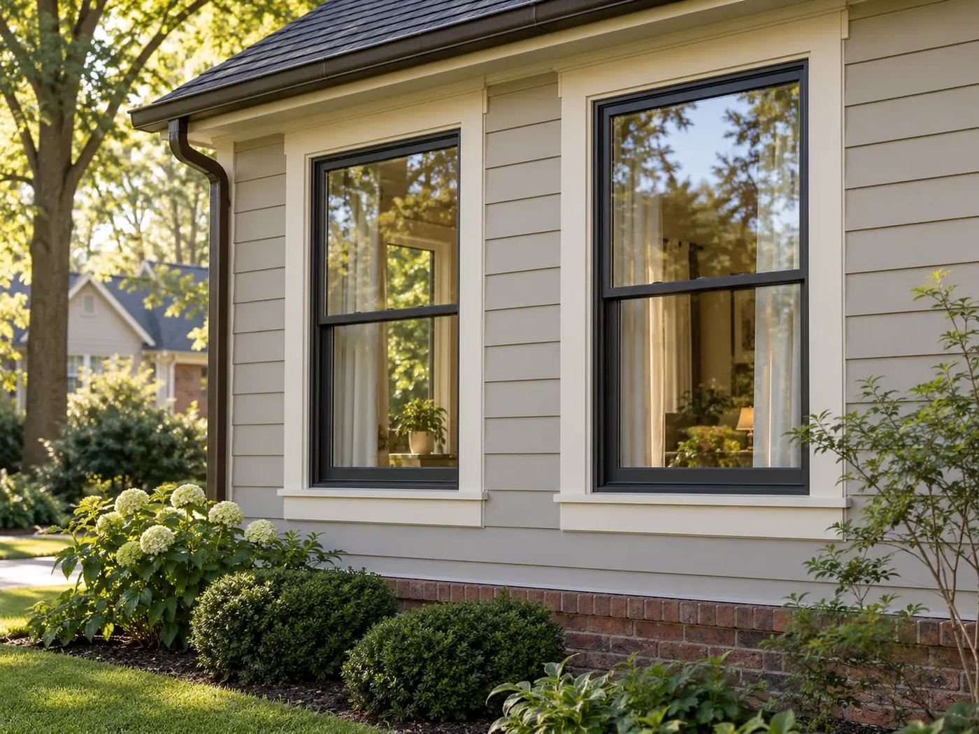 Two new white replacement windows set into neutral siding with curtains visible inside